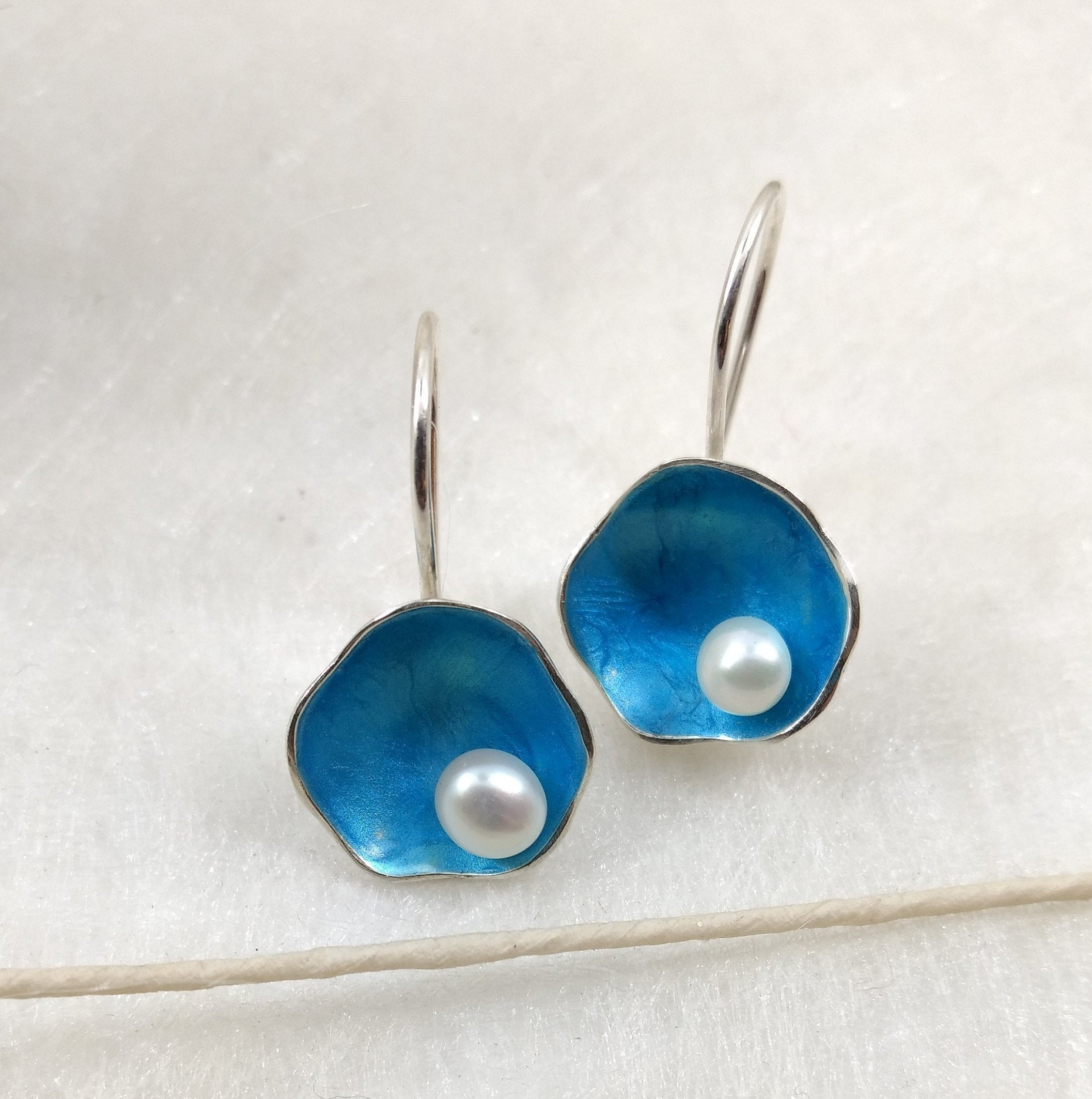 TiKiYa - small enameled Sterling Silver hook earrings with white pearls, available in many colors