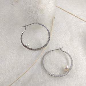 LaLune - small Sterling Silver hoops with pearl, available in 3 finishes