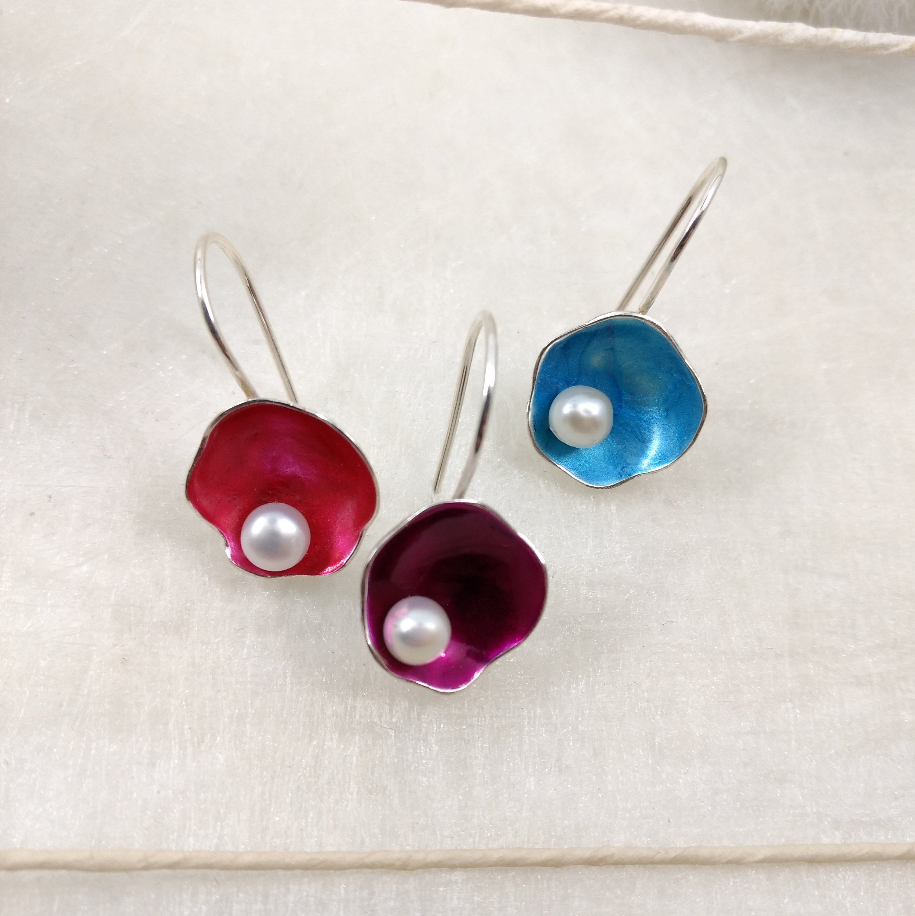TiKiYa - small enameled Sterling Silver hook earrings with white pearls, available in many colors