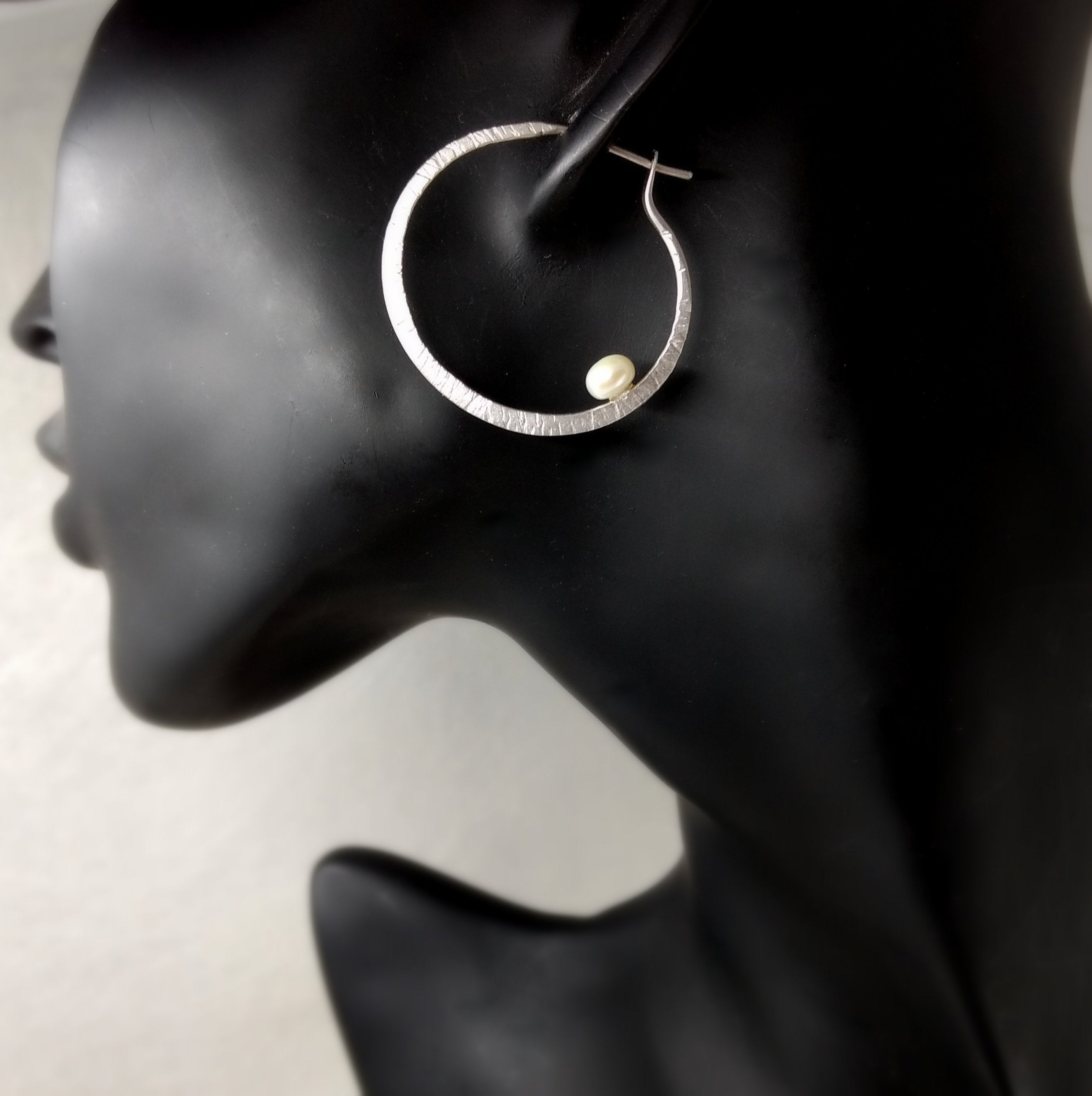 LaLune - small Sterling Silver hoops with pearl, available in 3 finishes