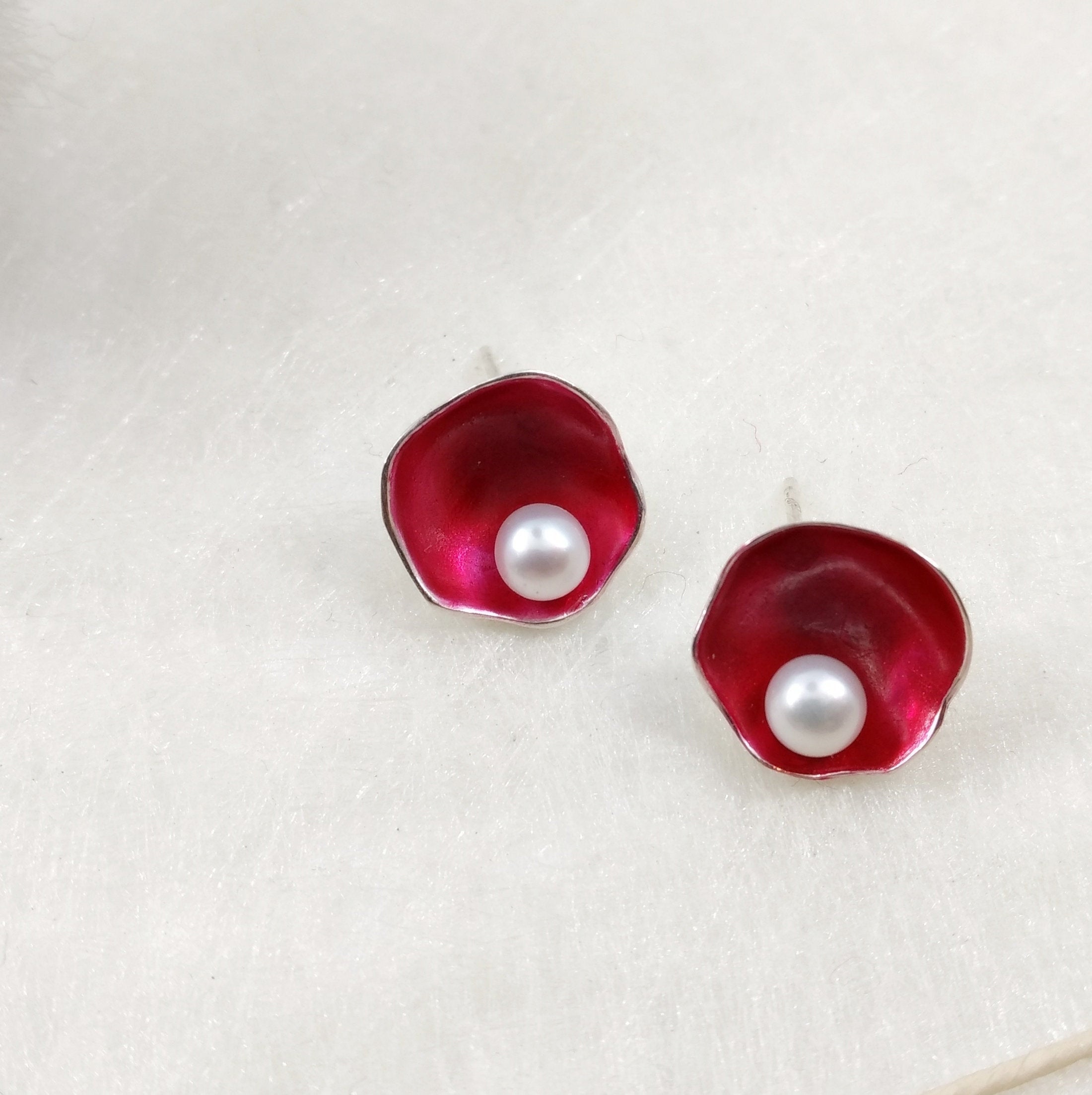 TiKiYa - enameled Sterling Silver Studs with white pearl, available in many colors 